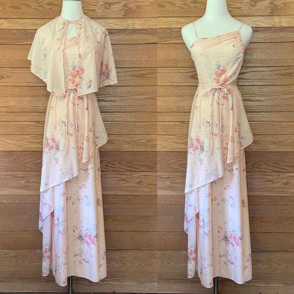 Vintage 70s peach floral peplum maxi dress and cape set